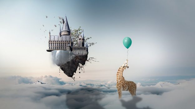 Surreal digital artwork featuring a floating castle perched on a rocky island above the clouds, while a giraffe reaches up towards a green balloon. The image evokes a sense of imagination and reaching for new heights, symbolizing creative possibilities and unexpected connections, akin to the concept of synergies in mergers and acquisitions where diverse entities come together to create greater value