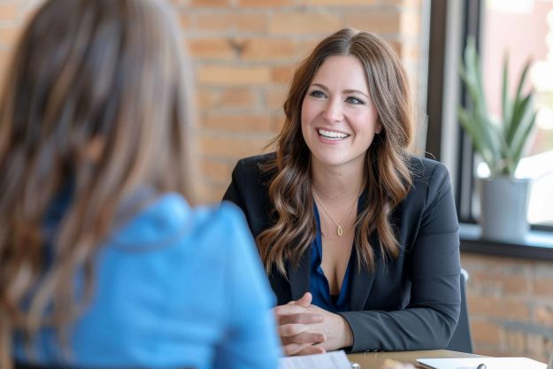Professional businesswoman in a black blazer and blue blouse smiling during a discussion, sitting at a table in a modern office with natural light and a brick wall in the background.