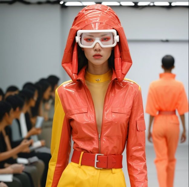 Model in futuristic red and yellow outfit on runway — a metaphor for the theatrical complexity of KPI Kabuki: The Theater of Integration Delusion, where aligning KPIs in M&A is more about performance and politics than numbers.