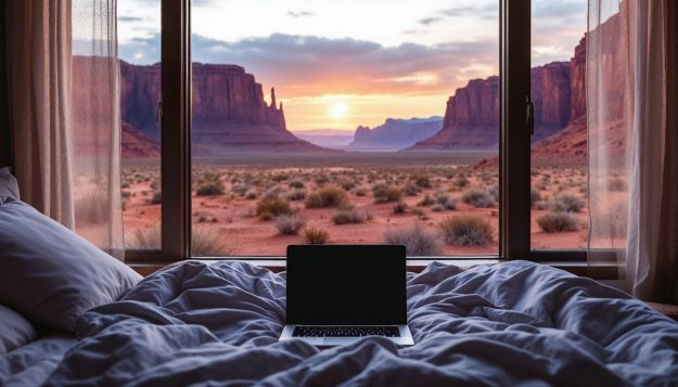 A serene bedroom view overlooking a vast desert landscape at sunrise, with a closed laptop resting on the bed—symbolizing the tension between rest and remote work. Image used in the blog titled “Make Sure You Don’t Burn Out While Covering for Others”: Rethinking How We Treat Holidays at Work.