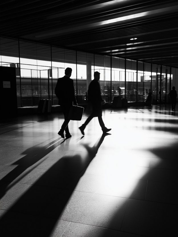 Silhouettes of business professionals walking through a modern terminal, casting long shadows — representing uncertainty and transition. Visual used in the blog article “Who’s in Charge Now? Rethinking Succession Planning in M&A” to depict leadership exits and the ambiguity that follows.