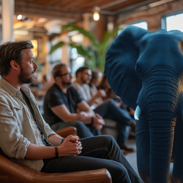 Generative AI: The Elephant in the Conference Room — corporate executives quietly sit while an oversized blue elephant looms in the meeting space, symbolizing the unspoken challenges leaders face in adopting generative AI.