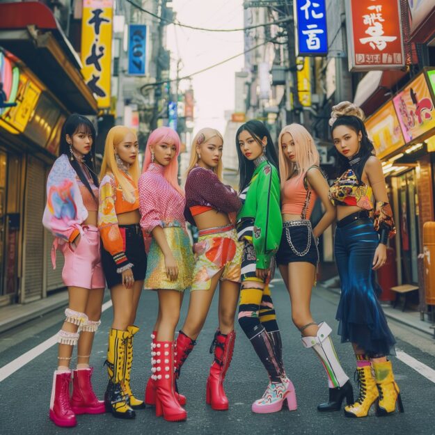 Seven Gen-Z women in bold, eclectic street fashion posing confidently in a neon-lit urban alley — capturing the spirit of innovation, individuality, and cultural fluency explored in the blog ‘Your Strategy Is Boomer. Your Market Is Gen-Z.’