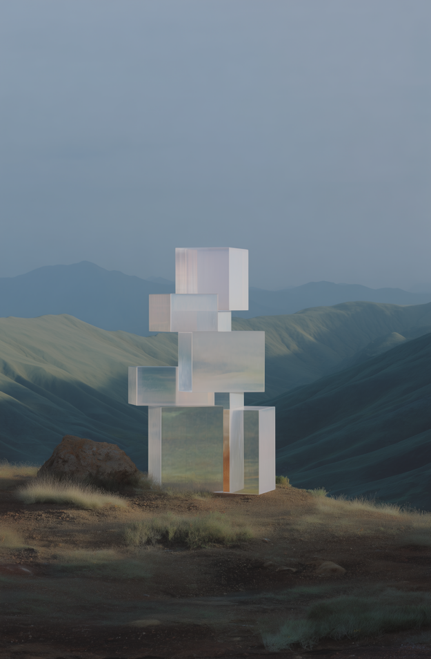 The Organizational Rewire: Ditch Functions and Build Capabilities – A surreal composition of transparent floating cubes being assembled in a landscape, symbolizing the deliberate restructuring of organizational components into a new, cohesive, and capability-driven architecture.