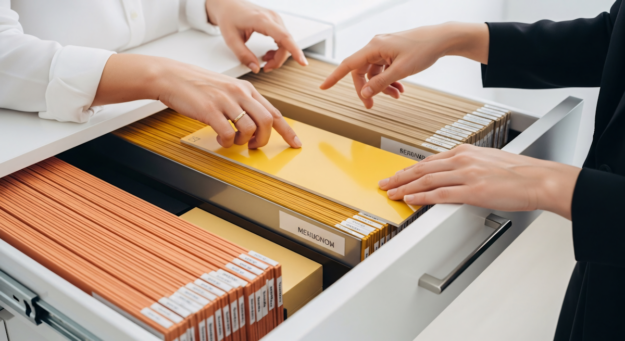 Two professionals reviewing organized folders in a filing cabinet — representing the shift from the traditional M&A due diligence trinity to the Magnificent Seven, as discussed in the blog 'From Trinity to Magnificent Seven: Rethinking Due Diligence for M&A'.
