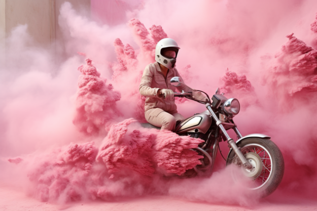A motorcyclist in a white helmet rides through a dramatic cloud of pink smoke, symbolizing ambition and risk, accompanying the article “The Career Mistake That Cost Me My Catapult Years.