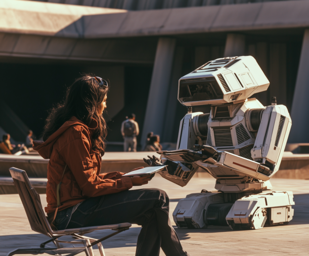 Digital Transformation Belongs in a Museum. The Future Is AI – A woman sits across from a humanoid robot in conversation, illustrating the technology and talent duality at the heart of AI transformation.