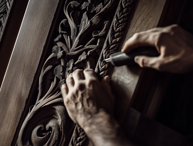 Artisan carving intricate patterns into a dark wooden surface, symbolizing the deliberate craftsmanship of creation — a visual metaphor for the article ‘Cutting Is Not Creating: The Fatal Mistake That Kills M&A Potential,’ highlighting that true value in mergers and acquisitions comes from shaping and building, not merely cutting.