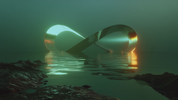 The Profitability Paradox — a surreal metallic infinity loop rising from calm water, symbolizing endless growth illusions and the cyclical trap of profitless expansion