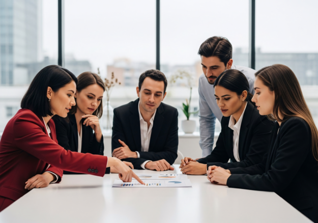Leadership team of an anchor company reviewing growth plans before the first bolt-on acquisition — illustrating the importance of building the right leadership foundation in a buy-and-build strategy. Title: Before Your First Bolt-On, Build Your Leadership in the Anchor Company.