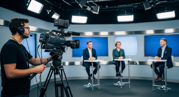 A professional studio panel discussion with three business leaders seated at high tables and a cameraman filming the conversation. This image illustrates the article ‘Big Bang Integration Is a Lie. You Need a Minimum Viable Operating Model,’ highlighting expert debate and strategic insights on buy-and-build integration.