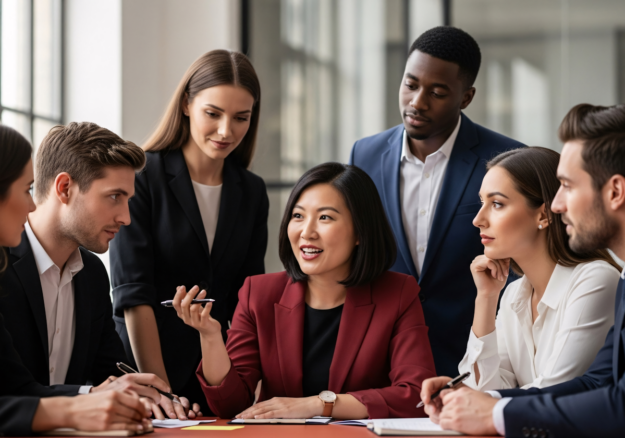 A diverse group of business professionals engaged in a collaborative meeting around a conference table, representing different perspectives on employee engagement — image for the article ‘Employee Surveys Are Broken: It’s Time to Stop Measuring the Average’.