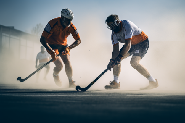 A dynamic field hockey face-off symbolizing competing forces, illustrating the theme of ‘Legal vs Operational Day One: Critical Separation Most M&As Ignore.’