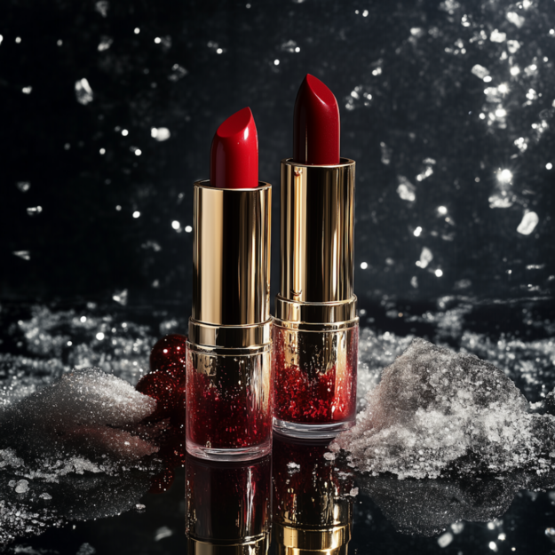Vanity Values: Why ‘Customer Centricity’ Is Corporate Nonsense — A glamorous close-up of two red lipsticks in gold tubes, standing upright on a reflective black surface surrounded by sparkling glitter and crystal-like fragments, symbolizing the seductive but superficial nature of corporate vanity values.