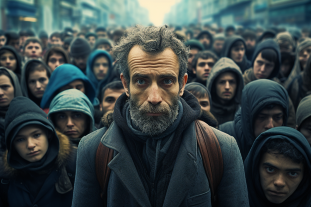 A contemplative middle-aged man stands at the centre of a dense crowd of younger, hooded figures on a cold, misty street — illustrating the generational divide at the heart of Future Workforce Erosion: Cost of Mass Layoffs and Gen Z Hiring Freeze, by Anirvan Sen, Fifth Chrome.