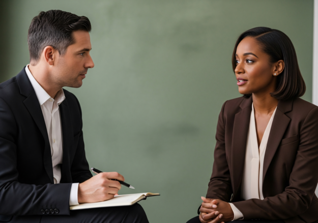 An interviewer in a dark suit takes notes while a candidate in a brown blazer responds during a formal job interview. Article: Recruitment: Buy-and-Build's Most Underpriced Value Accelerator.