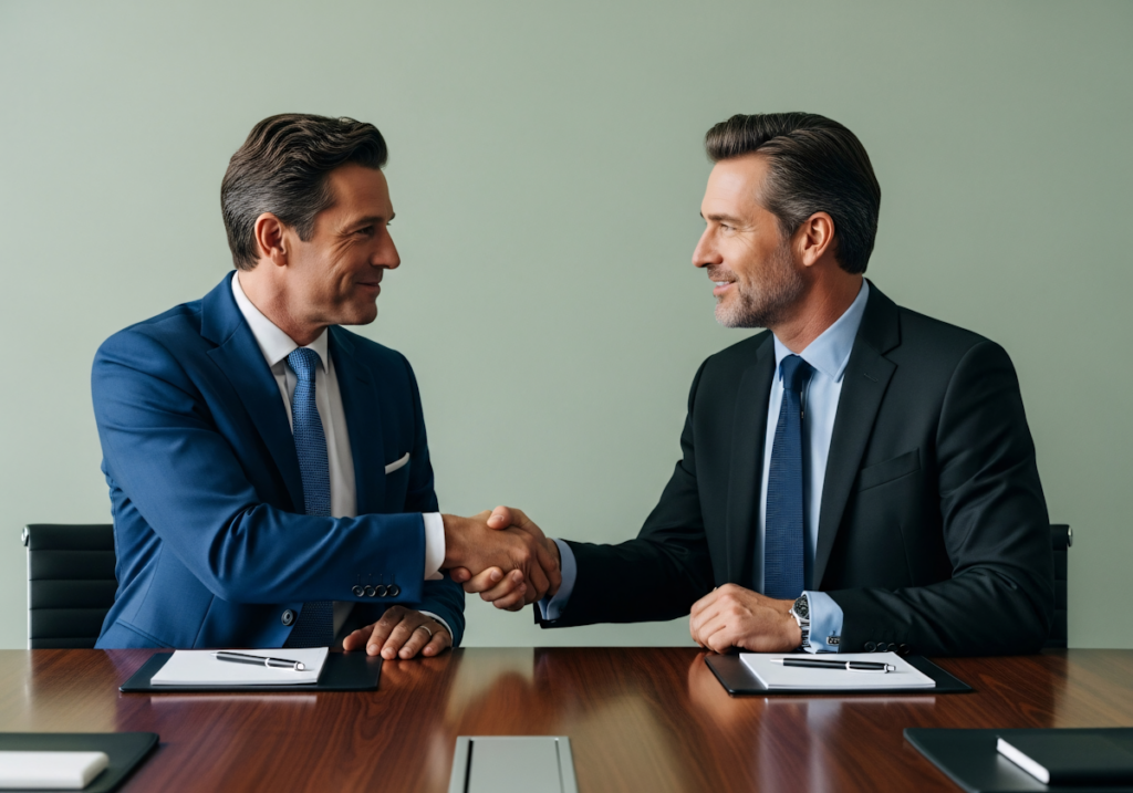 Two senior executives shaking hands across a boardroom table, representing the M&A theme of 'Bought Revenue vs. Built Revenue in M&A: The Question Every Investor Should Be Asking.