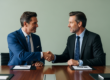 Two senior executives shaking hands across a boardroom table, representing the M&A theme of 'Bought Revenue vs. Built Revenue in M&A: The Question Every Investor Should Be Asking.