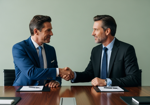 Two senior executives shaking hands across a boardroom table, representing the M&A theme of 'Bought Revenue vs. Built Revenue in M&A: The Question Every Investor Should Be Asking.