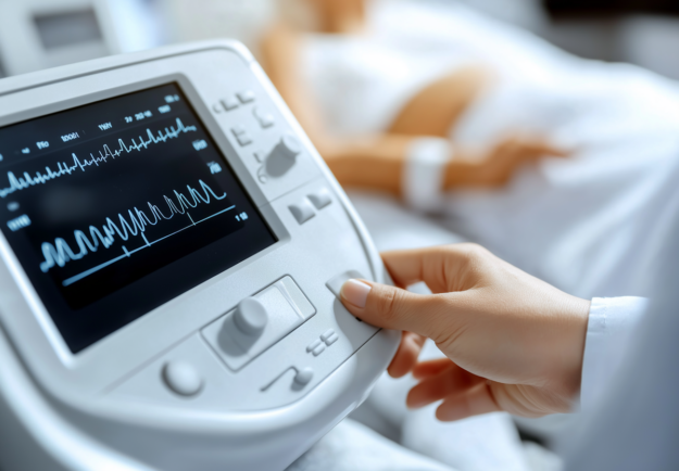Close-up of a clinician adjusting a patient monitoring device displaying real-time vital signs, illustrating the importance of continuous oversight and governance rather than constant intervention.