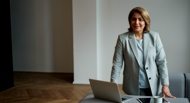 A businesswoman in a light gray blazer stands beside an open laptop in a minimalist modern office with herringbone wood flooring — featured image for "The Missing Pillar of Due Diligence in M&A: Founder Credibility"
