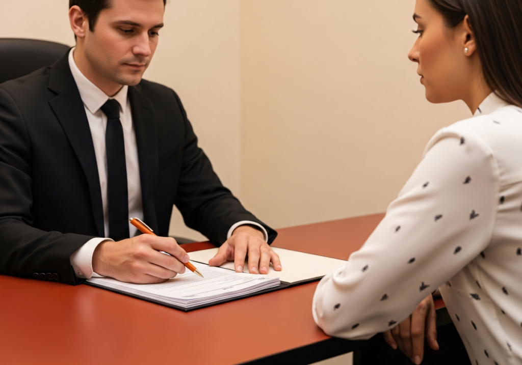 Buy-and-Build's Blind Spot: Recruitment and Talent Planning — a hiring manager reviews paperwork with a candidate across the desk during a professional assessment.