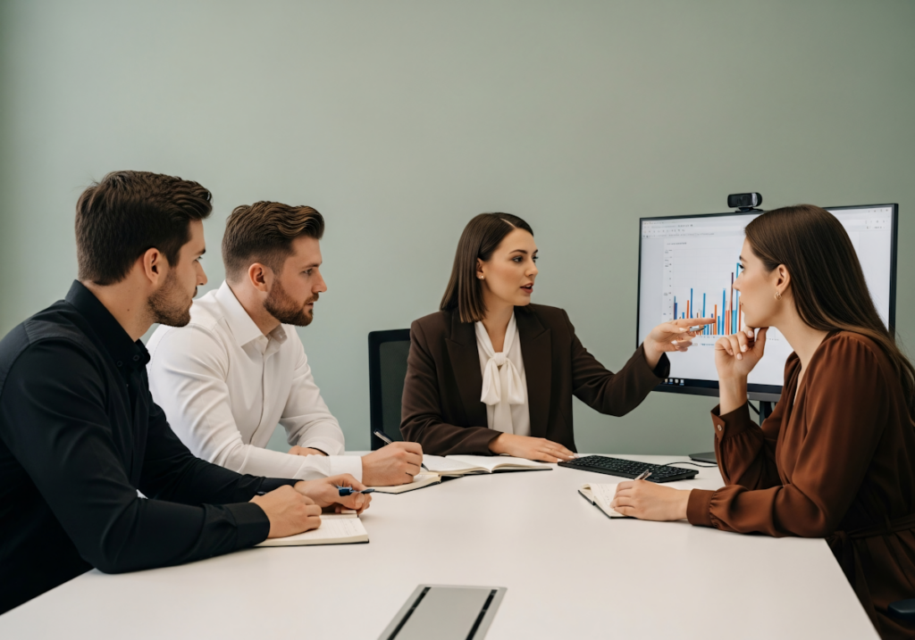 A leader presenting growth data to colleagues around a conference table, driving strategic discussion — Buy-and-Build's Scaling Gap: Critical Dependence on HR Evolution?