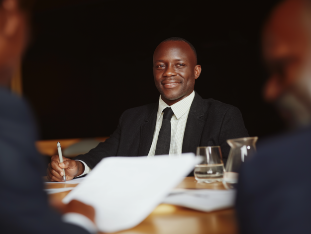 A business leader smiling warmly while engaged in conversation with colleagues at a meeting table — Why the Best Scaling Founders Admit They've Become the Bottleneck