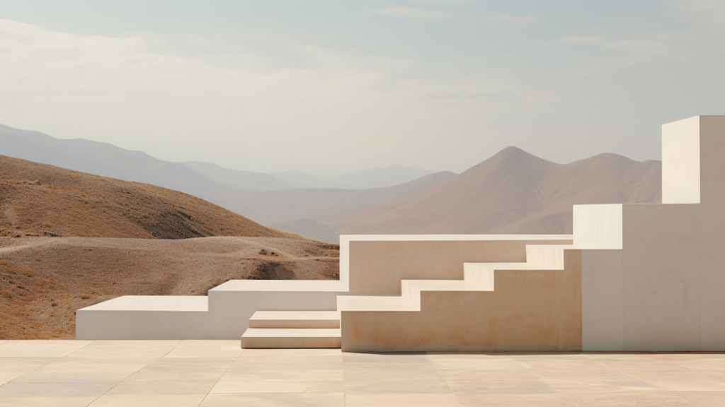 Pale stepped concrete blocks rising in stages against a desert mountain backdrop — Buy-and-Build’s Biggest Scaling Mistake: Ignoring the 5 Stages from $5M to $250M+